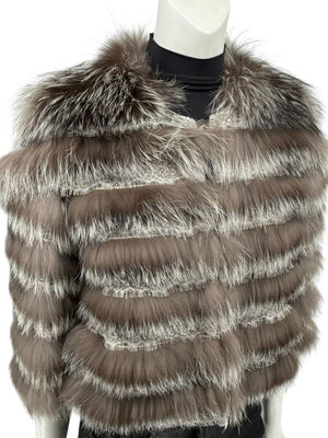 Pamella Roland Taupe Silver Fur Cape Style Jacket with Lace Trim – Sample Size Fits Like Large