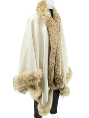 Pamella Roland Ivory Wool Cape Jacket with Natural Fur Trim – O/S