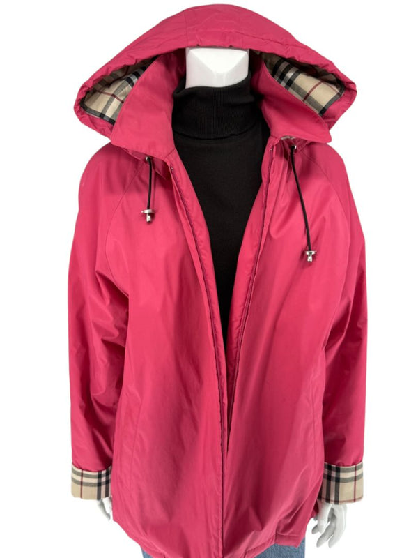Burberry London Fuchsia Hooded Check-Lined Jacket – Size L