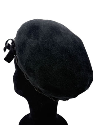 Tracy Watts Black Wool Beret with Velvet Ribbon Trim