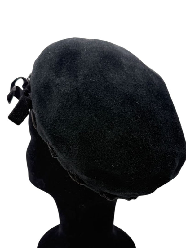 Tracy Watts Black Wool Beret with Velvet Ribbon Trim