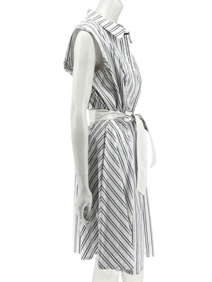 Lafayette 148 New York White & Navy Striped Sleeveless Shirtdress with Self-Tie Belt – Size XXL