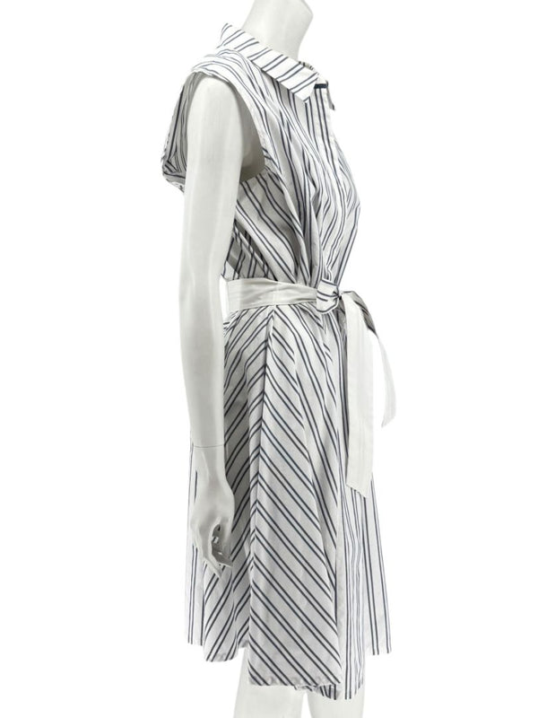 Lafayette 148 New York White & Navy Striped Sleeveless Shirtdress with Self-Tie Belt – Size XXL