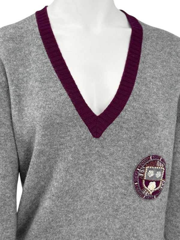 Chanel 2007A Grey and Purple Cashmere Beaded Crest Detail V Neck Sweater - Size 44