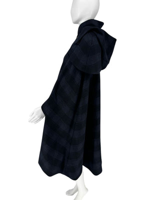 Chanel Navy & Black Plaid Wool Hooded Cape with Logo Buttons – Size FR 44 - *RARE*