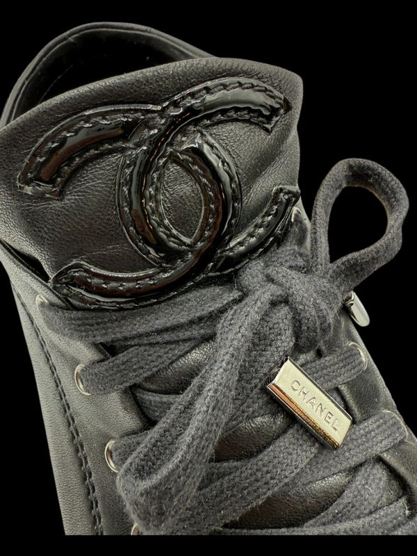 Chanel Black Leather & Patent Cap Toe Sneakers – Size 40