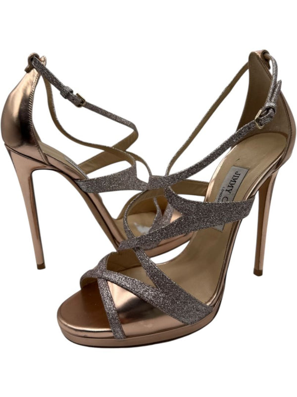 Jimmy Choo Metallic Rose Gold & Glitter Strappy Platform Sandals – Size 39