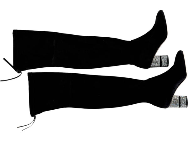 Stuart Weitzman Black Velvet Crystal Heel Over-the-Knee Boots – Size 9