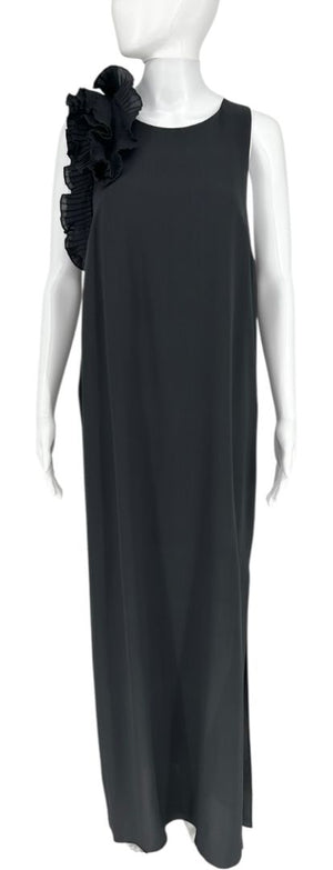 Brunello Cucinelli Black Silk Maxi Dress with Ruffled Shoulder Detail – Size XL