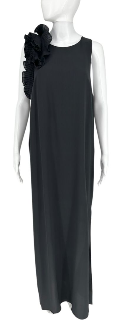 Brunello Cucinelli Black Silk Maxi Dress with Ruffled Shoulder Detail – Size XL