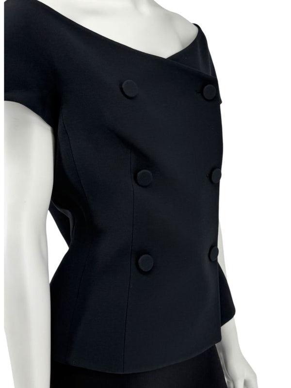 Christian Dior Paris Black Off-Shoulder Wool-Silk Asymmetric Button Top – Size FR 42 / US 10