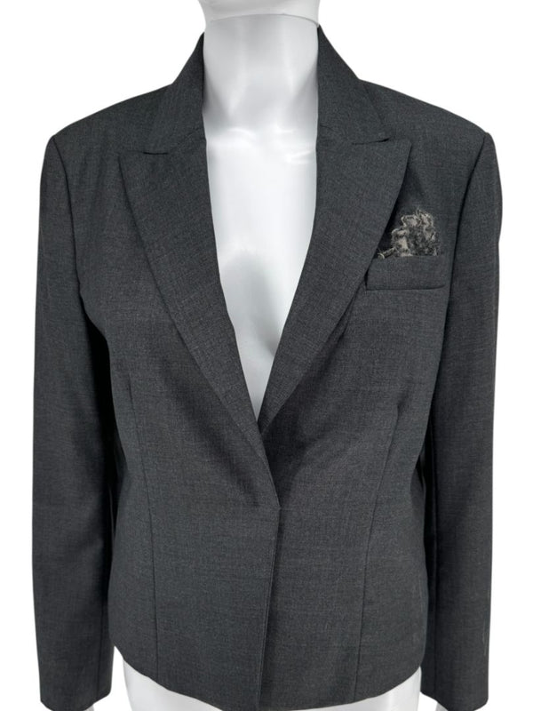 Brunello Cucinelli Charcoal Gray Virgin Wool Cropped Blazer with Monili Trim – Size IT 44