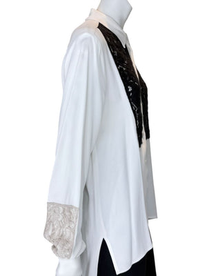 Agnona White Silk Viscose Lace Inset Shirt Blouse Black Beige Panel Italy Size 42