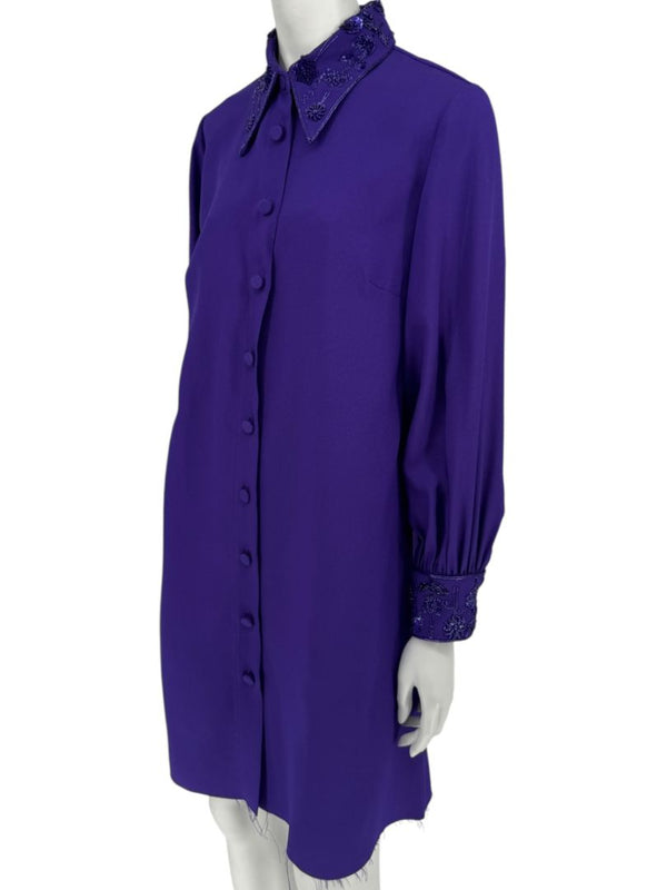 Pamella Roland Purple Beaded Collar & Cuff Shirt Dress with Slip – Large
