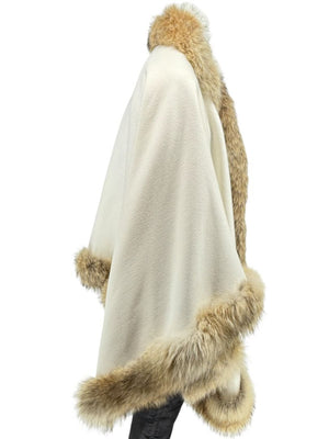 Pamella Roland Ivory Wool Cape Jacket with Natural Fur Trim – O/S