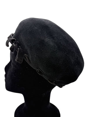 Tracy Watts Black Wool Beret with Velvet Ribbon Trim