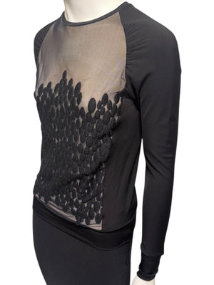 Lida Baday Black Sheer Mesh Embroidered Long Sleeve Top – Size XS