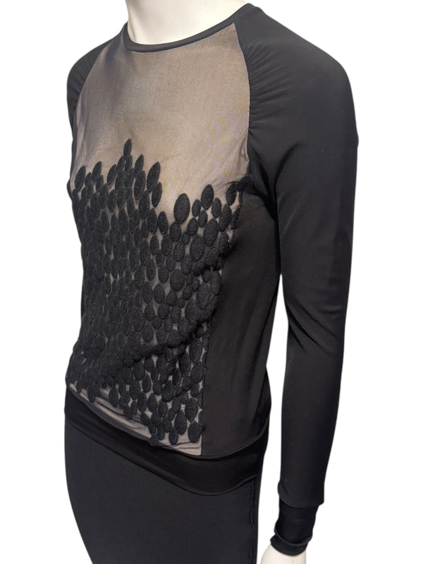 Lida Baday Black Sheer Mesh Embroidered Long Sleeve Top – Size XS