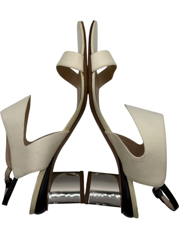 Nicholas Kirkwood Cream Leather Sandals with Silver Block Heel – Size 39.5