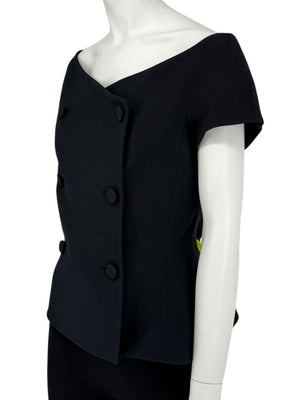 Christian Dior Paris Black Off-Shoulder Wool-Silk Asymmetric Button Top – Size FR 42 / US 10