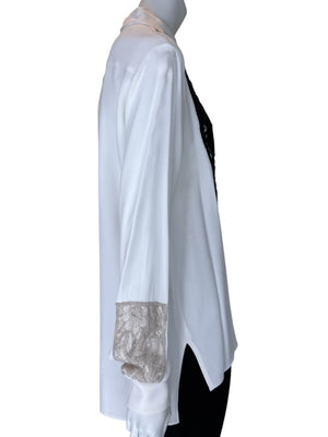 Agnona White Silk Viscose Lace Inset Shirt Blouse Black Beige Panel Italy Size 42