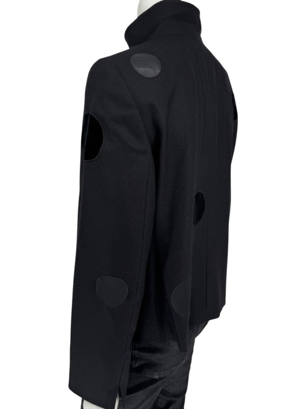 Akris Punto Black Wool Jacket with Leather & Velvet Appliqué – Size US 12