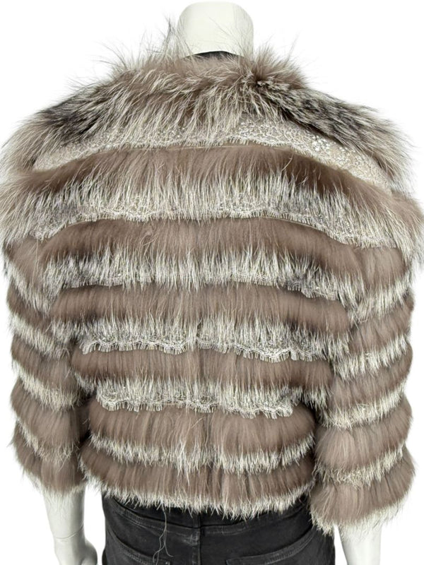 Pamella Roland Taupe Silver Fur Cape Style Jacket with Lace Trim – Sample Size Fits Like Large