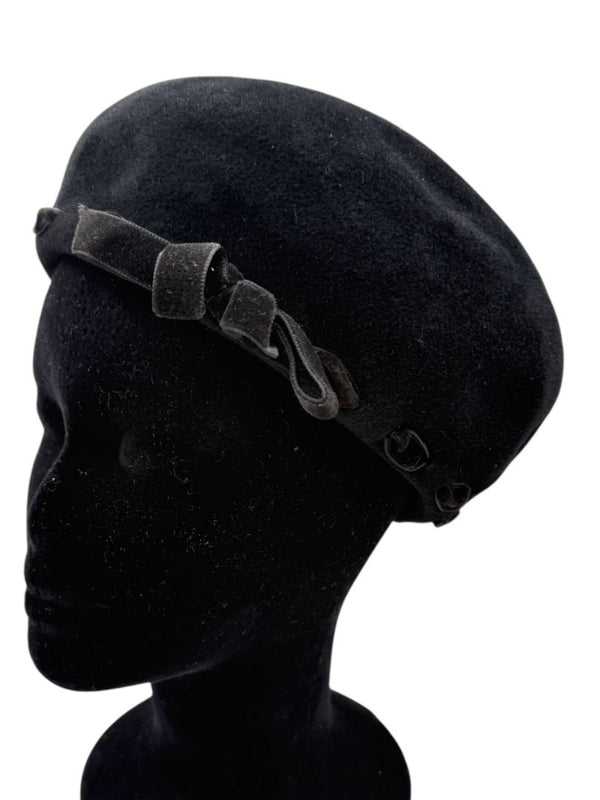 Tracy Watts Black Wool Beret with Velvet Ribbon Trim