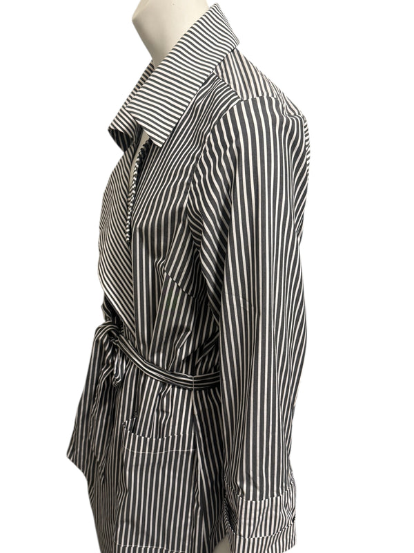 Jennifer Torosian Black & White Striped Belted Duster Jacket – Size S