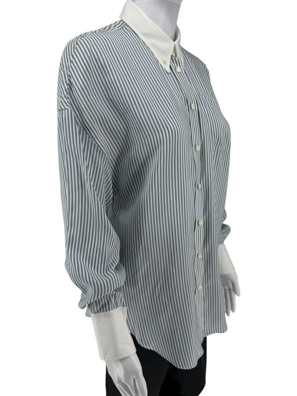 Brunello Cucinelli Striped Silk Shirt with Contrast Collar – Size M
