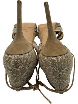 Jimmy Choo Champagne Lace & Glitter Ankle Strap Sandals – Size 39