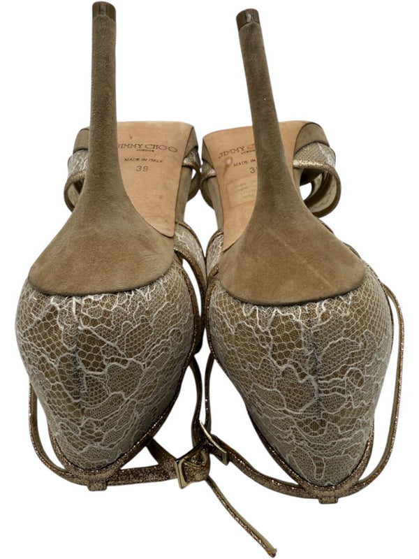 Jimmy Choo Champagne Lace & Glitter Ankle Strap Sandals – Size 39