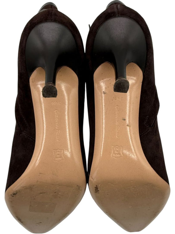 Gianvito Rossi Chocolate Brown Suede & Leather Buckle Booties – Size 39.5