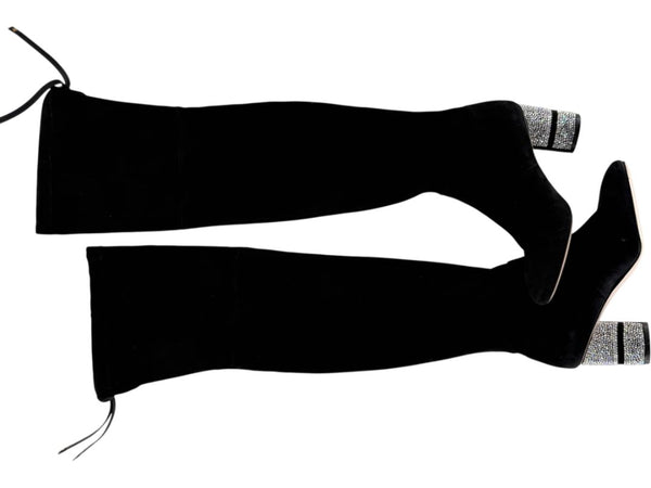 Stuart Weitzman Black Velvet Crystal Heel Over-the-Knee Boots – Size 9