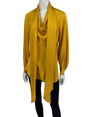 Oscar de la Renta Golden Silk Scarf-Neck Blouse – Size 4
