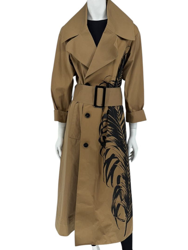 Oscar de la Renta Sand Trench Coat with Black Palm Print – Size 6