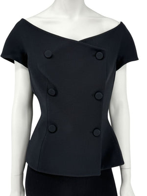 Christian Dior Paris Black Off-Shoulder Wool-Silk Asymmetric Button Top – Size FR 42 / US 10