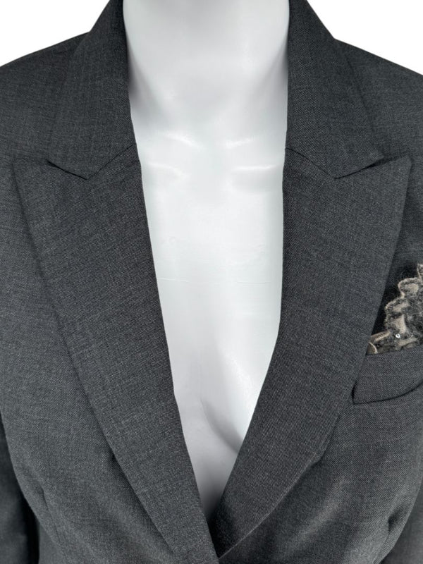Brunello Cucinelli Charcoal Gray Virgin Wool Cropped Blazer with Monili Trim – Size IT 44