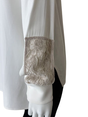 Agnona White Silk Viscose Lace Inset Shirt Blouse Black Beige Panel Italy Size 42
