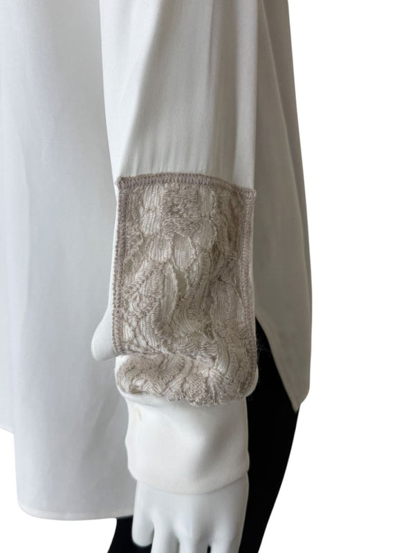 Agnona White Silk Viscose Lace Inset Shirt Blouse Black Beige Panel Italy Size 42