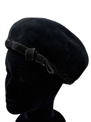 Tracy Watts Black Wool Beret with Velvet Ribbon Trim