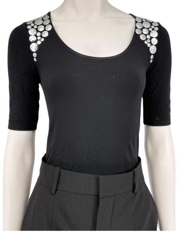 Wolford Black Embellished Shoulder "Heavy Metal" Bodysuit – Size XS