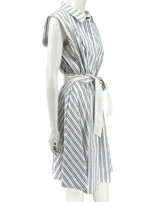 Lafayette 148 New York White & Navy Striped Sleeveless Shirtdress with Self-Tie Belt – Size XXL