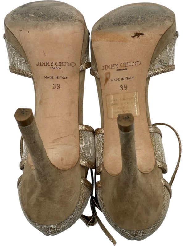 Jimmy Choo Champagne Lace & Glitter Ankle Strap Sandals – Size 39