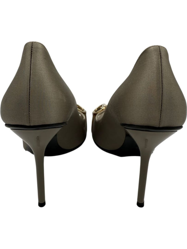 Gucci Satin Horsebit Peep-Toe Pumps with Crystal Detail – Size 8.5B