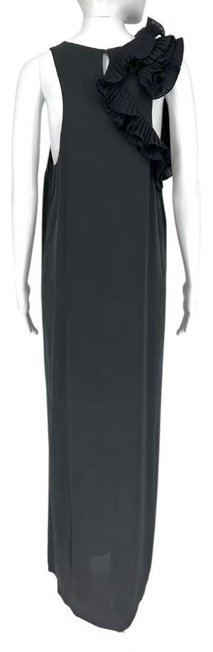 Brunello Cucinelli Black Silk Maxi Dress with Ruffled Shoulder Detail – Size XL