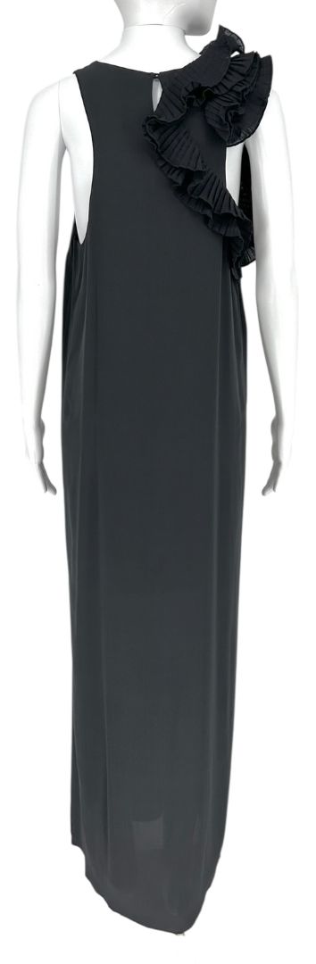 Brunello Cucinelli Black Silk Maxi Dress with Ruffled Shoulder Detail – Size XL