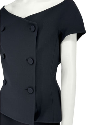 Christian Dior Paris Black Off-Shoulder Wool-Silk Asymmetric Button Top – Size FR 42 / US 10
