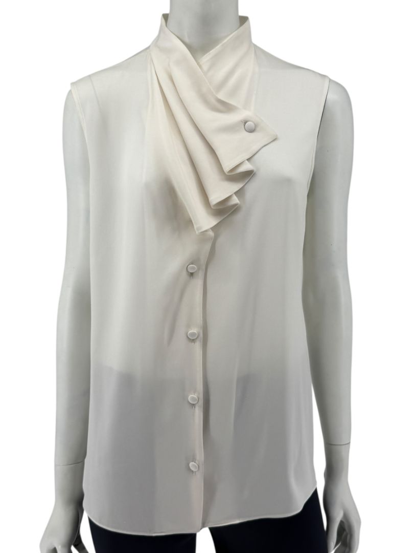 Giorgio Armani Ivory Silk Ruffle Front Sleeveless Blouse – Size 10