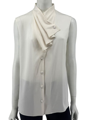 Giorgio Armani Ivory Silk Ruffle Front Sleeveless Blouse – Size 10